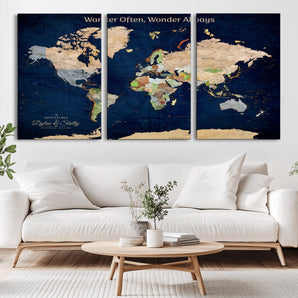 12399561-MGV-CV-36X24-World Map Wall Art – Wander Often Wonder Always Canvas Print, Vintage Travel Inspired Push Pin Map Decor for Living Room, Office,