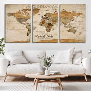 20810820-MGV-CV-36X24-World Map Wall Art – Adventure Awaits Vintage Travel Canvas Print, Rustic Push Pin Map Decor for Living Room, Office, Bedroom