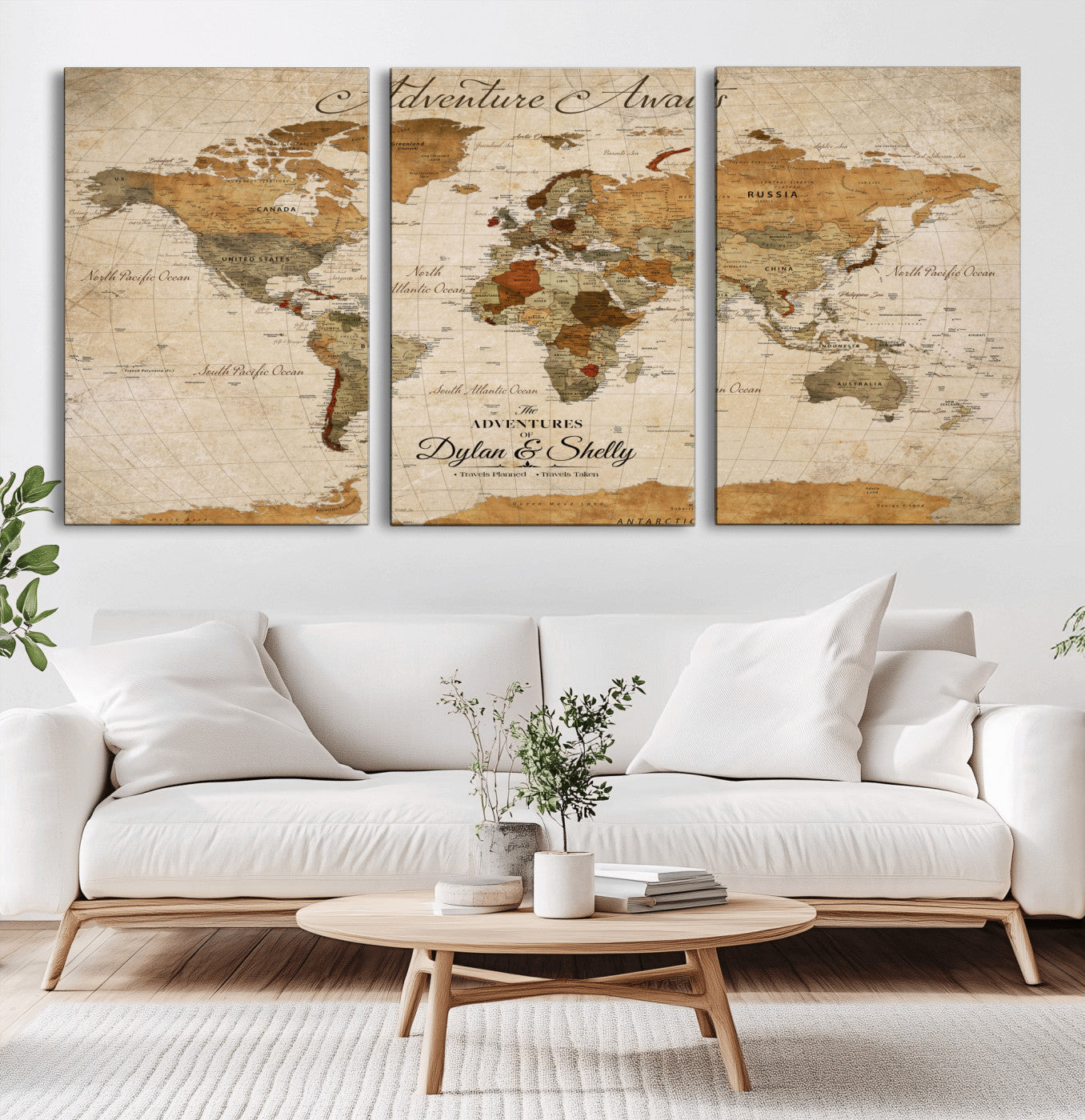20810820-MGV-CV-36X24-World Map Wall Art – Adventure Awaits Vintage Travel Canvas Print, Rustic Push Pin Map Decor for Living Room, Office, Bedroom