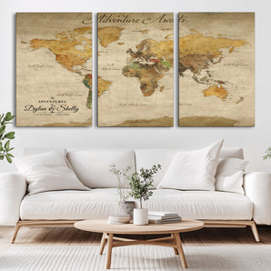 50298017-MGV-CV-36X24-World Map Wall Art – Adventure Awaits Vintage Travel Canvas Print, Rustic Push Pin Map Décor for Living Room, Office, Bedroom