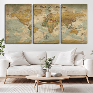 75690627-MGV-CV-36X24-World Map Wall Art – A World of Adventures Vintage Travel Canvas Print, Antique Push Pin Map Décor for Living Room, Office,