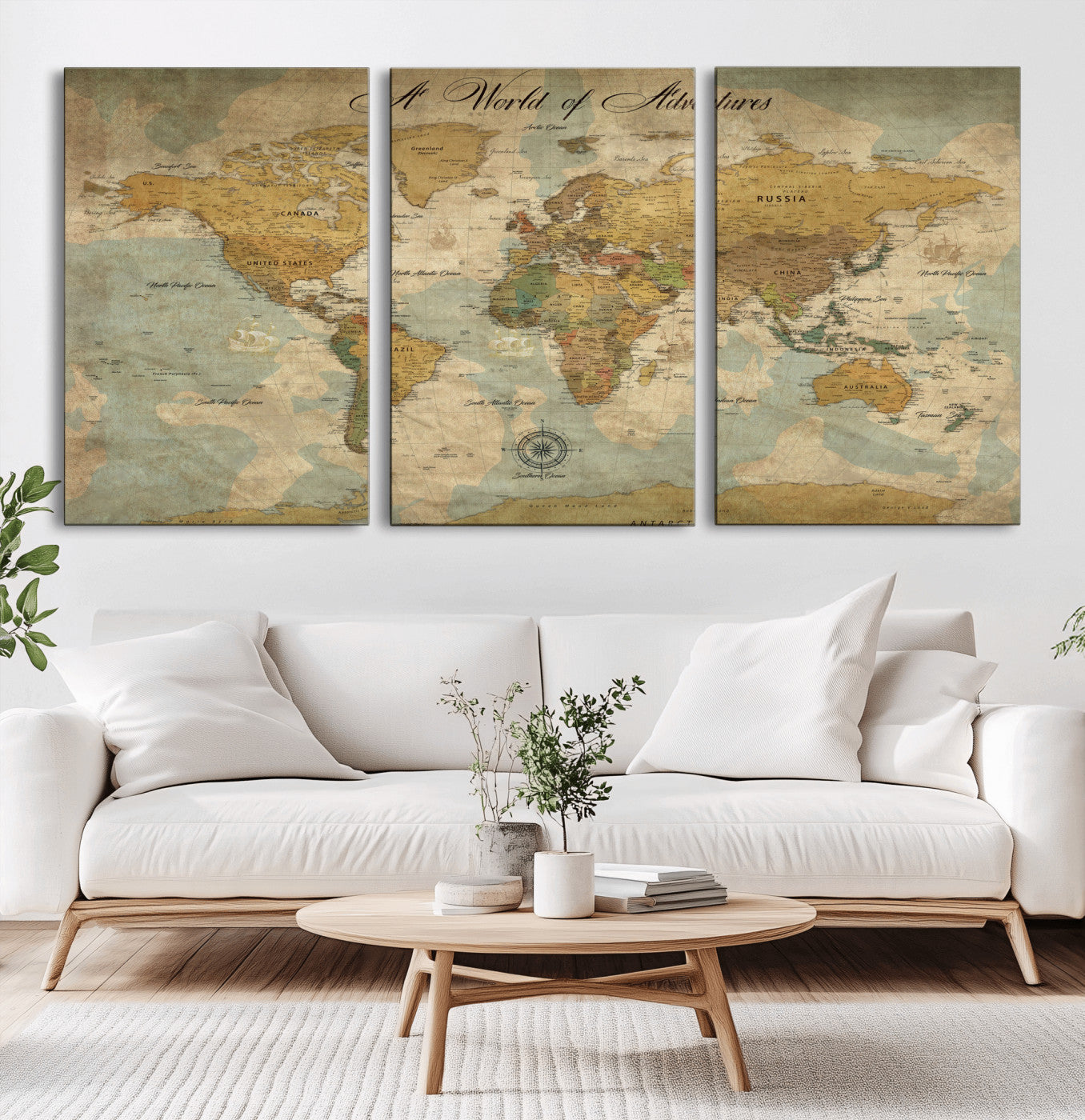 75690627-MGV-CV-36X24-World Map Wall Art – A World of Adventures Vintage Travel Canvas Print, Antique Push Pin Map Décor for Living Room, Office,
