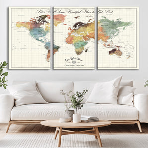 29289638-MGV-CV-36X24-World Map Wall Art – Watercolor Travel Push Pin Canvas Print, Adventure Quote Map Décor for Living Room, Office, Classroom,