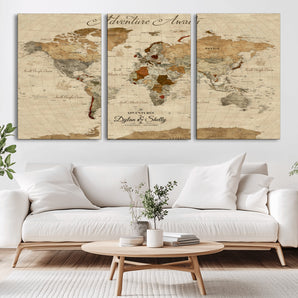 29054239-MGV-CV-36X24-Vintage World Map Wall Art – Antique Adventure Awaits Push Pin Canvas Print, Rustic Travel Map Décor for Living Room, Office,