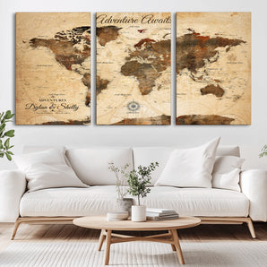 66357947-MGV-CV-36X24-Rustic World Map Wall Art – Adventure Awaits Vintage Push Pin Canvas Print, Antique Brown Travel Map Décor for Living Room,