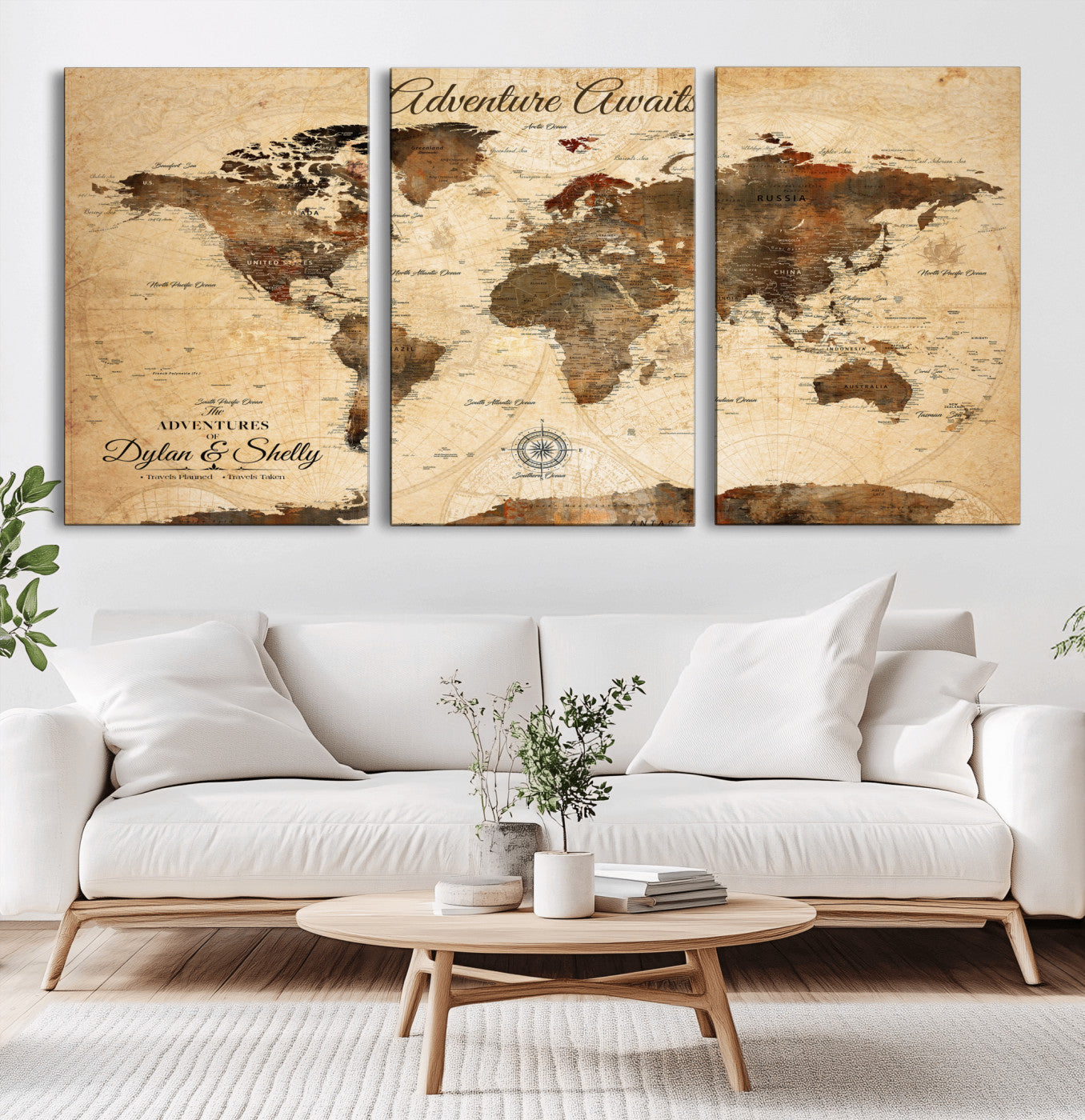 66357947-MGV-CV-36X24-Rustic World Map Wall Art – Adventure Awaits Vintage Push Pin Canvas Print, Antique Brown Travel Map Décor for Living Room,