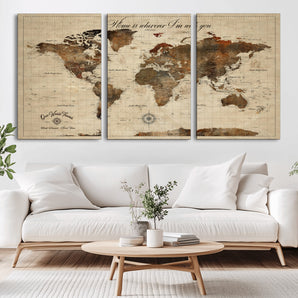 96762438-MGV-CV-36X24-Rustic World Map Wall Art – Home Is Wherever I’m With You Vintage Push Pin Canvas, Antique Travel Map Decor for Living Room,