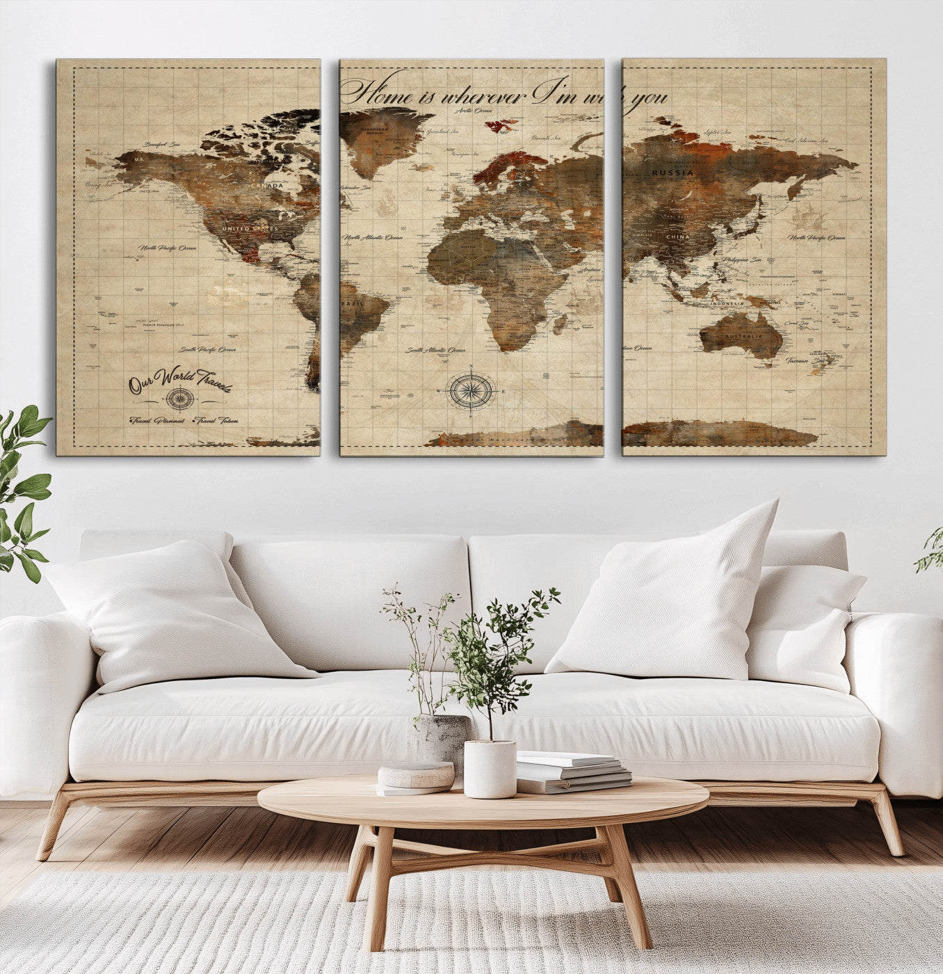 96762438-MGV-CV-36X24-Rustic World Map Wall Art – Home Is Wherever I’m With You Vintage Push Pin Canvas, Antique Travel Map Decor for Living Room,