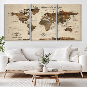 44534772-MGV-CV-36X24-Adventure Awaits World Map Wall Art – Vintage Travel Push Pin Canvas Print, Rustic Wanderlust Decor for Living Room, Bedroom,
