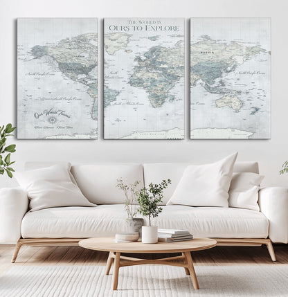 94249974-MGV-CV-36X24-Ours Explore World Map Wall Art – Modern Travel Canvas Print, Neutral Adventure Decor for Living Room, Office, Study, Bedroom,
