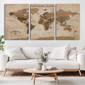 81121837-MGV-CV-36X24-Adventure Awaits World Map Wall Art – Rustic Vintage Canvas Print, Antique Travel Decor, Classic Atlas Artwork for Home Office