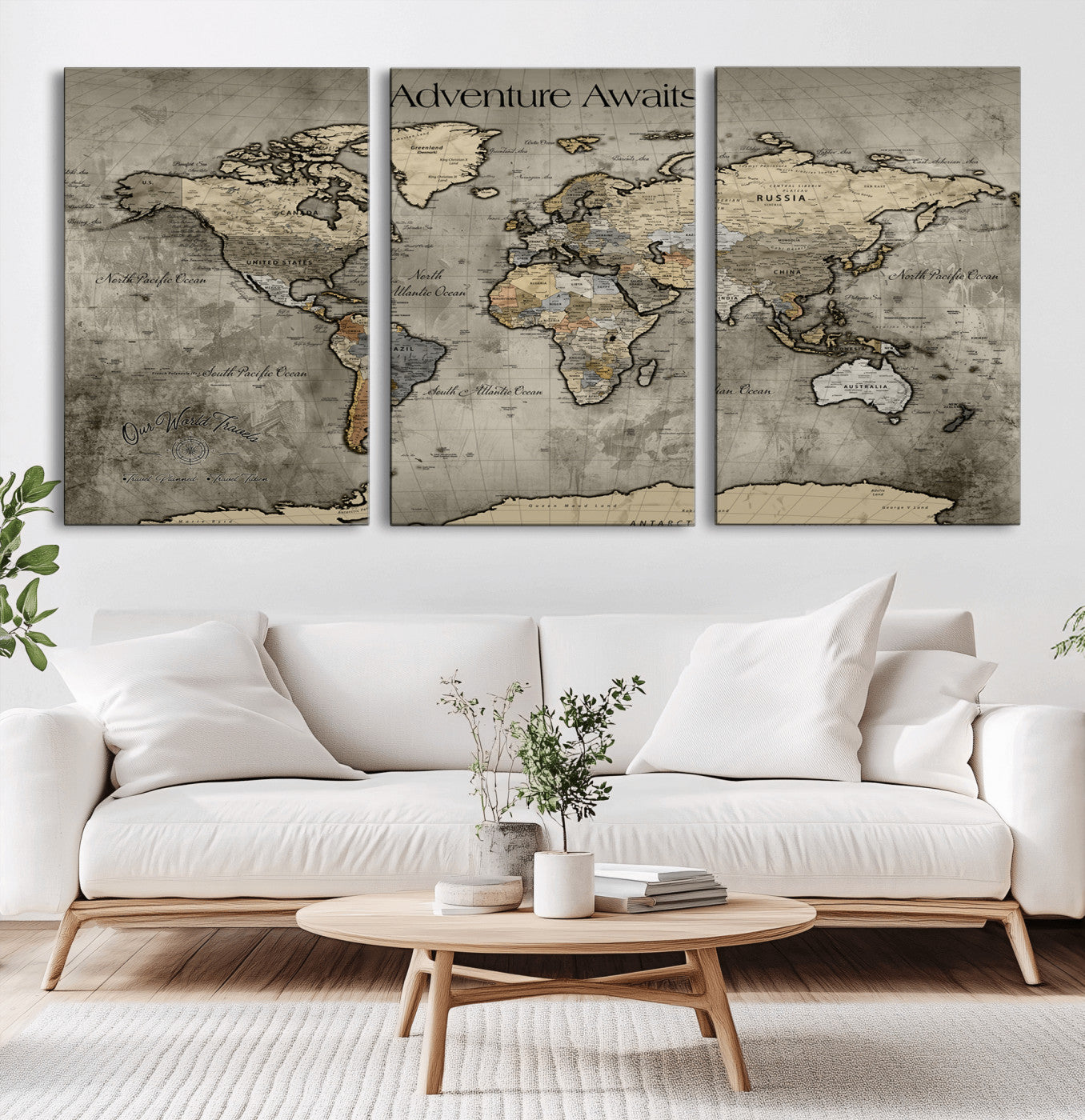 60740187-MGV-CV-36X24-Adventure Awaits Dark Vintage World Map – Rustic Travel Canvas Wall Art, Antique Style Atlas Print, Wanderlust Decor for Home