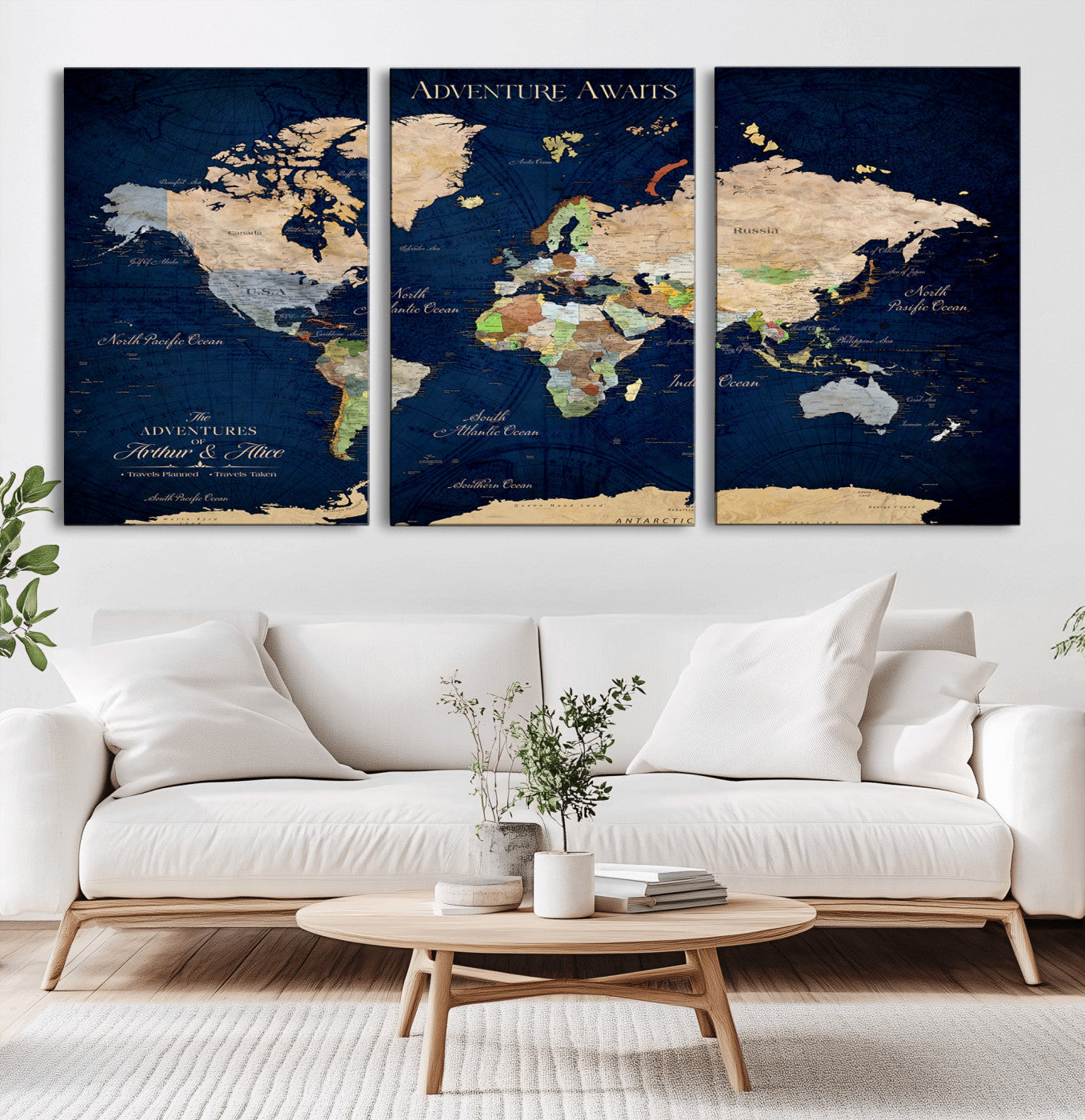 43160428-MGV-CV-36X24-Adventure Awaits Navy Blue World Map – Vibrant Travel Canvas Wall Art, Antique Atlas Print, Wanderlust Decor for Home Office