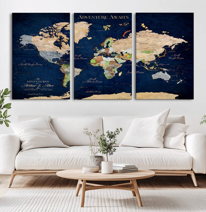 43160428-MGV-CV-36X24-Adventure Awaits Navy Blue World Map – Vibrant Travel Canvas Wall Art, Antique Atlas Print, Wanderlust Decor for Home Office