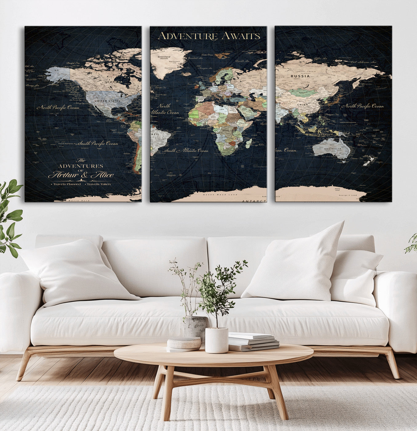 75640245-MGV-CV-36X24-Adventure Awaits Black Navy World Map – Elegant Travel Canvas Wall Art, Vintage Atlas Print, Wanderlust Decor for Living Room