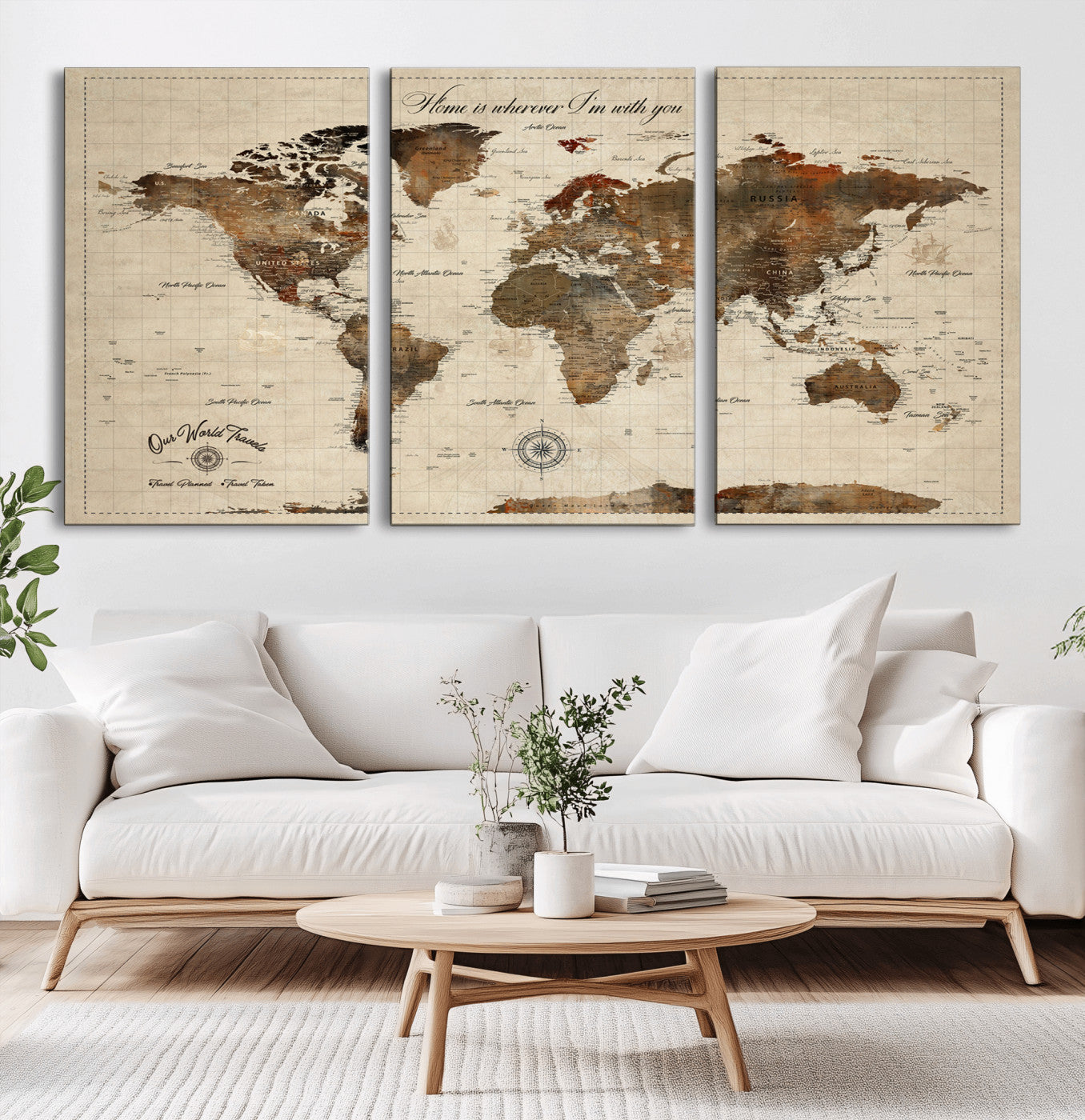 96366078-MGV-CV-36X24-Home Wherever With You Rustic World Map – Vintage Travel Canvas Wall Art, Antique Atlas Print, Romantic Wanderlust Decor for