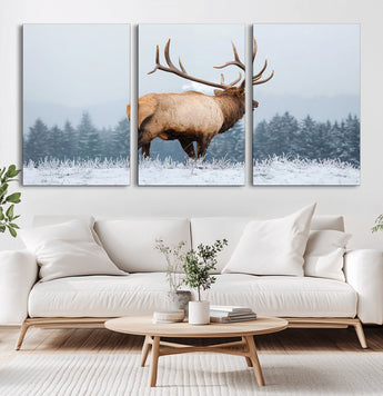 85177251-MGV-CV-36X24-Elk Wall Art – Majestic Wildlife Canvas Print of Bull Elk Snowy Forest, Rustic Nature Decor for Living Room, Cabin, or Office