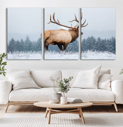 85177251-MGV-CV-36X24-Elk Wall Art – Majestic Wildlife Canvas Print of Bull Elk Snowy Forest, Rustic Nature Decor for Living Room, Cabin, or Office