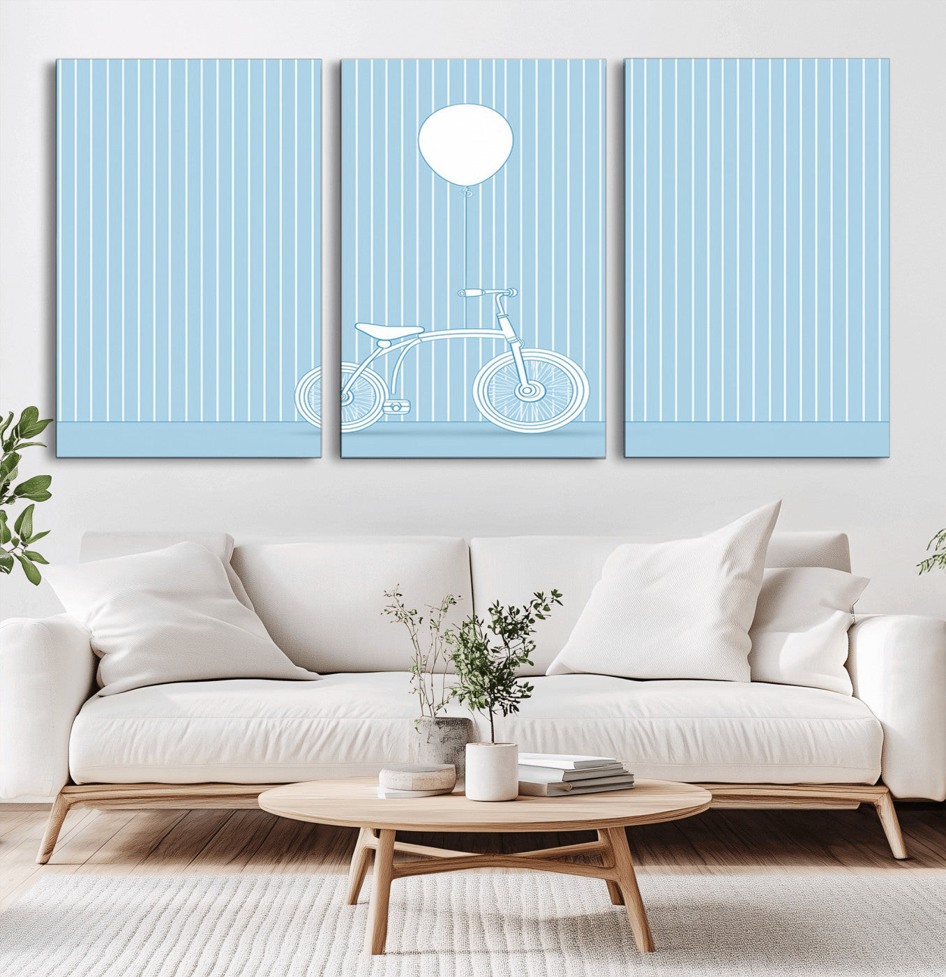 56479838-MGV-CV-36X24-Bicycle Wall Art – Minimalist Blue Canvas Print with Balloon Illustration, Modern Decor Artwork for Kids Room, Nursery, or Living