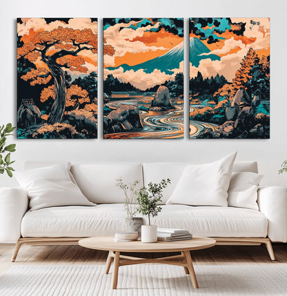 21638941-MGV-CV-36X24-Japanese Landscape Wall Art – Mount Fuji and Flowing River Ukiyo-e Style Canvas Print, Traditional Japan Inspired Artwork for