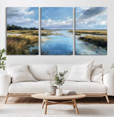 87082041-MGV-CV-60X30-3P-Painted Marshland Canvas Wall Art – Serene Water Reflection, Blue Sky, Golden Grass Landscape, Calm Nature Decor for Home, Office,
