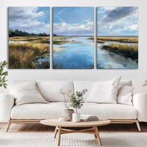 87082041-MGV-CV-36X24-Marshland Landscape Wall Art – Serene Nature Canvas Print with Blue Sky and Reflections, Tranquil Scenic Painting for Living Room,