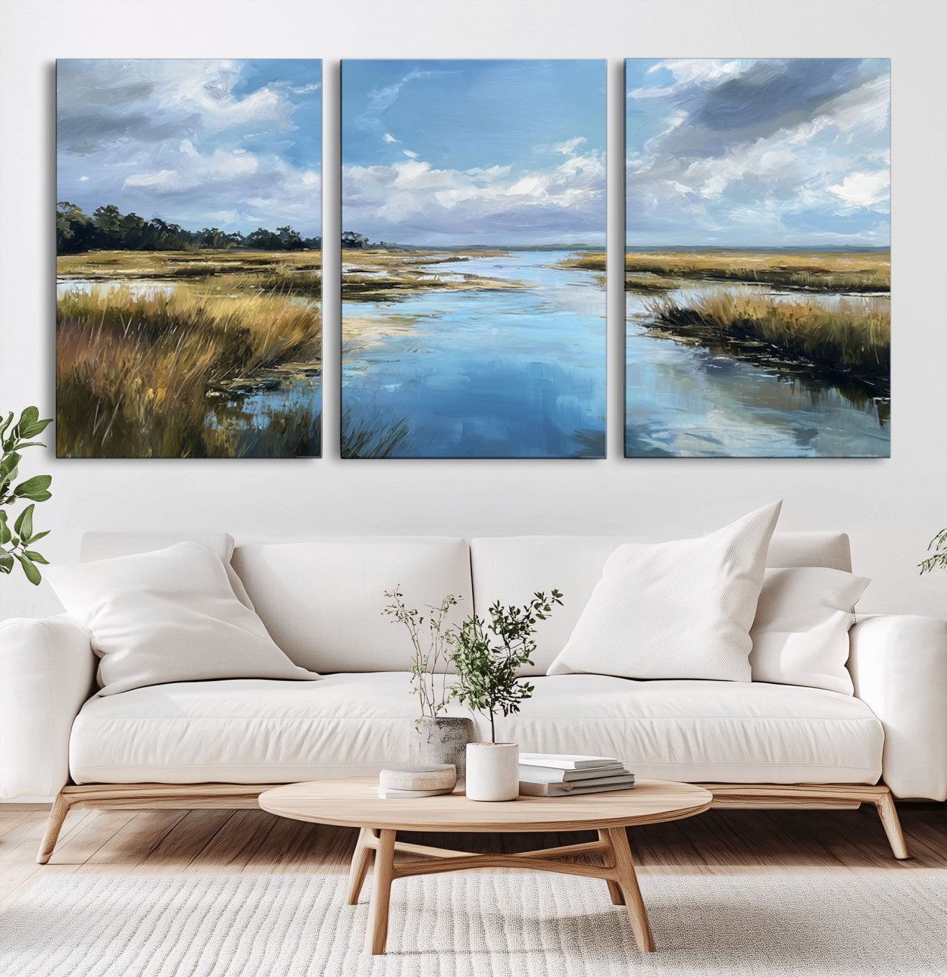 87082041-MGV-CV-36X24-Marshland Landscape Wall Art – Serene Nature Canvas Print with Blue Sky and Reflections, Tranquil Scenic Painting for Living Room,