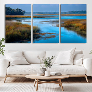 26300004-MGV-CV-36X24-Marshland Landscape Wall Art – Scenic Nature Canvas Print with Golden Grass and Blue Water, Peaceful River Photography for Living