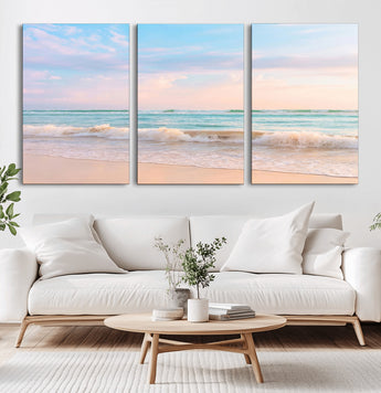 88024944-MGV-CV-60X30-3P-Serene Ocean Waves Canvas Wall Art – Pastel Sky, Soft Sand Beach, Tranquil Seascape, Calm Water Coastal Nature, Relaxing Peaceful