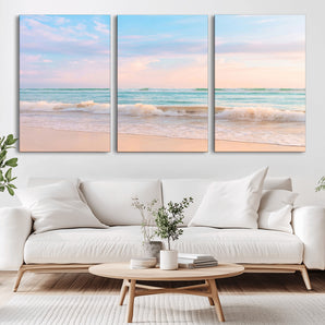88024944-MGV-CV-36X24-Beach Landscape Wall Art – Coastal Ocean Canvas Print with Gentle Waves and Pastel Sky, Serene Seascape Photography for Living