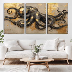 57944271-MGV-CV-36X24-Octopus Wall Art – Black and Gold Nautical Canvas Print, Modern Ocean Inspired Artwork with Elegant Detailing, Coastal Marine