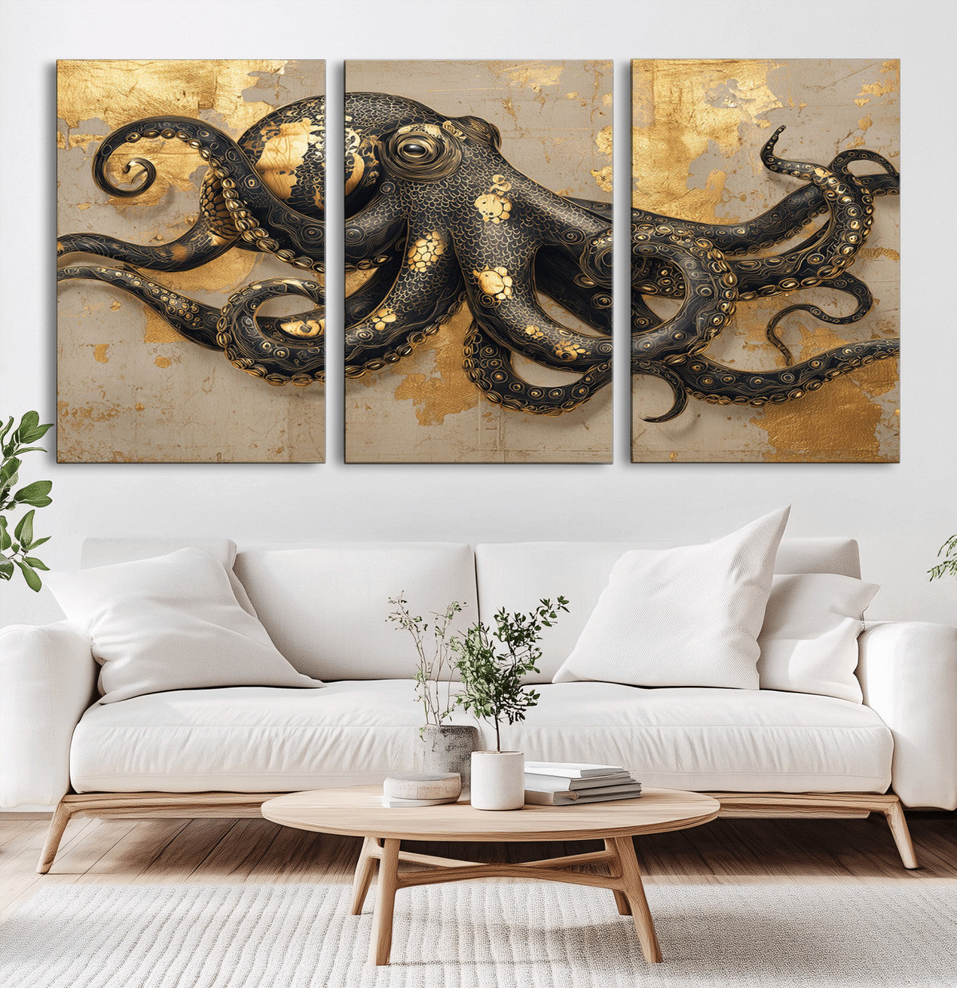 57944271-MGV-CV-36X24-Octopus Wall Art – Black and Gold Nautical Canvas Print, Modern Ocean Inspired Artwork with Elegant Detailing, Coastal Marine