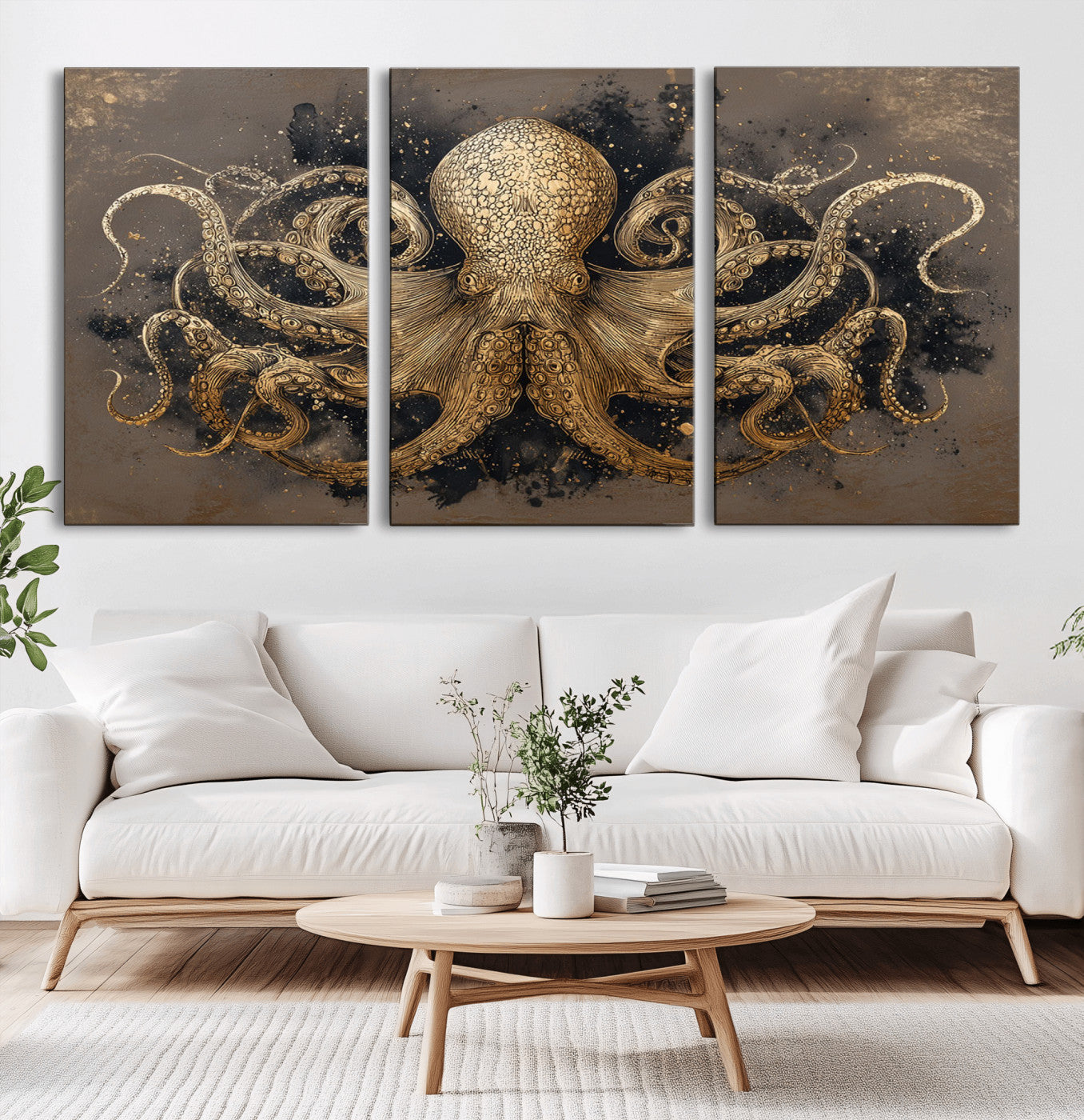 21717515-MGV-CV-36X24-Octopus Wall Art – Vintage Gold Nautical Canvas Print, Detailed Marine Creature Artwork with Dark Background, Coastal Ocean Decor