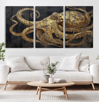 47056538-MGV-CV-60X30-3P-Octopus Canvas Wall Art – Gold Detail, Wooden Texture, Marine Life, Ocean Creature Tentacles, Nautical Coastal Rustic Decor for