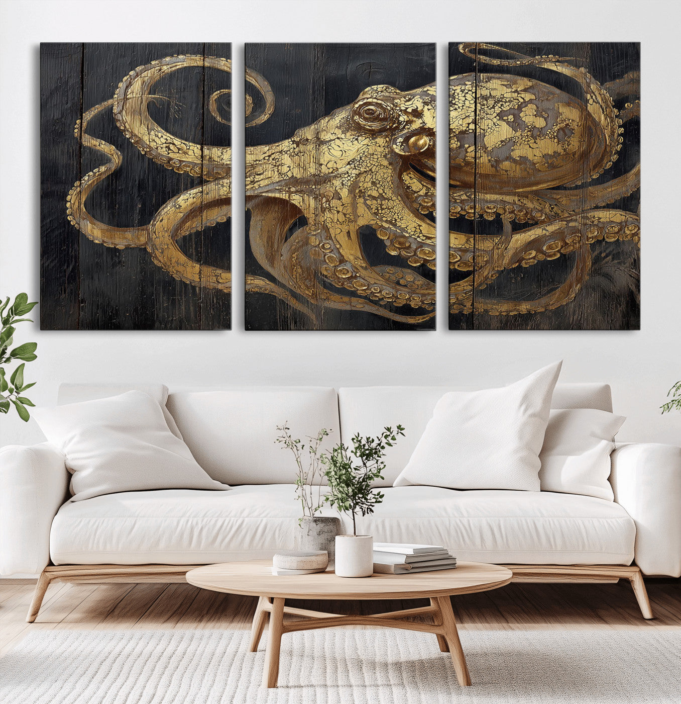 47056538-MGV-CV-36X24-Octopus Wall Art – Gold Nautical Canvas Print with Rustic Wood Texture, Marine Creature Artwork for Coastal Ocean Decoration in