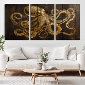 56769669-MGV-CV-36X24-Octopus Wall Art – Gold Nautical Canvas Print with Rustic Wood Panel Design, Detailed Marine Artwork for Coastal Ocean Decoration