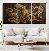 56769669-MGV-CV-36X24-Octopus Wall Art – Gold Nautical Canvas Print with Rustic Wood Panel Design, Detailed Marine Artwork for Coastal Ocean Decoration