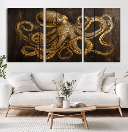 56769669-MGV-CV-36X24-Octopus Wall Art – Gold Nautical Canvas Print with Rustic Wood Panel Design, Detailed Marine Artwork for Coastal Ocean Decoration