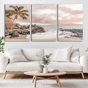 18005328-MGV-CV-36X24-Tropical Beach Wall Art – Coastal Ocean Canvas Print with Palm Tree, Sunset Sky and Rocky Shore, Serene Seascape Photography for