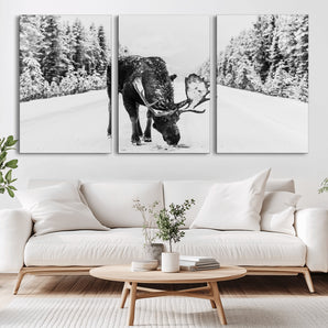 38956835-MGV-CV-36X24-Moose Wall Art – Black and White Wildlife Canvas Print with Snowy Forest Road, Rustic Nature Photography for Cabin, Lodge, Living