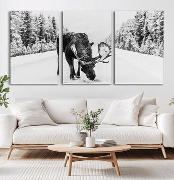 38956835-MGV-CV-36X24-Moose Wall Art – Black and White Wildlife Canvas Print with Snowy Forest Road, Rustic Nature Photography for Cabin, Lodge, Living