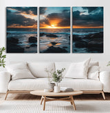 66040852-MGV-CV-60X30-3P-Ocean Sunset Canvas Wall Art – Rocky Shore Waves, Dramatic Clouds, Golden Sun Rays, Coastal Nature, Serene Water Reflection for