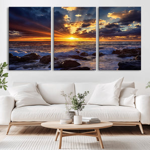 35900590-MGV-CV-36X24-Ocean Sunset Wall Art – Vivid Seascape Canvas Print with Sunburst Sky, Crashing Waves and Rocky Shore, Dramatic Coastal