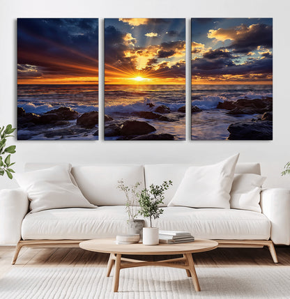 35900590-MGV-CV-36X24-Ocean Sunset Wall Art – Vivid Seascape Canvas Print with Sunburst Sky, Crashing Waves and Rocky Shore, Dramatic Coastal
