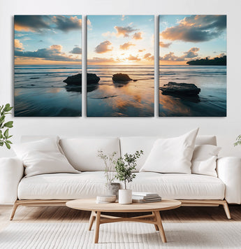 23879436-MGV-CV-60X30-3P-Rocky Ocean Sunset Canvas Wall Art – Seaside Dramatic Seascape, Ocean Sunset Art Print for Coastal Modern Decor for Nature