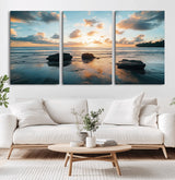 23879436-MGV-CV-36X24-Ocean Sunset Wall Art – Serene Seascape Canvas Print with Golden Sky, Reflections on Sand and Calm Waves, Peaceful Coastal