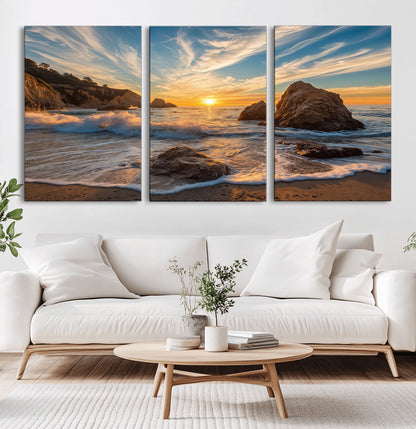85659923-MGV-CV-36X24-Ocean Sunset Wall Art – Dramatic Seascape Canvas Print with Cliffs, Crashing Waves and Golden Sky, Bold Coastal Photography for