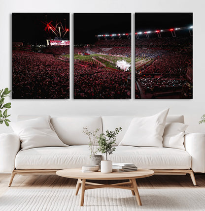 60690191-MGV-CV-36X24-Stadium Wall Art – Night Game Football Canvas Print with Fireworks, Marching Band and Crowd, Panoramic Sports Photography for Man