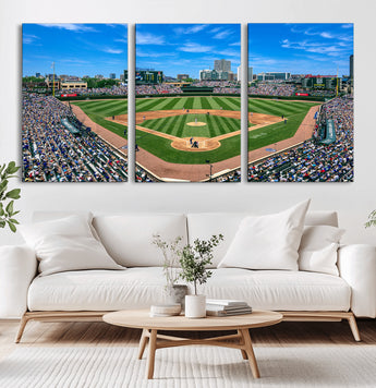 56213978-MGV-CV-60X30-3P-Wrigley Field Baseball Stadium Canvas Wall Art – Packed Crowd Sports Stadium Print, City Skyline Baseball Field Canvas for Game