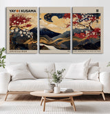 66892669-MGV-CV-60X30-3P-Yayoi Kusama Japanese Inspired Canvas Print – Mt. Fuji & Floral Scene Wall Art, Framed Asian Style Canvas for Home, Office or